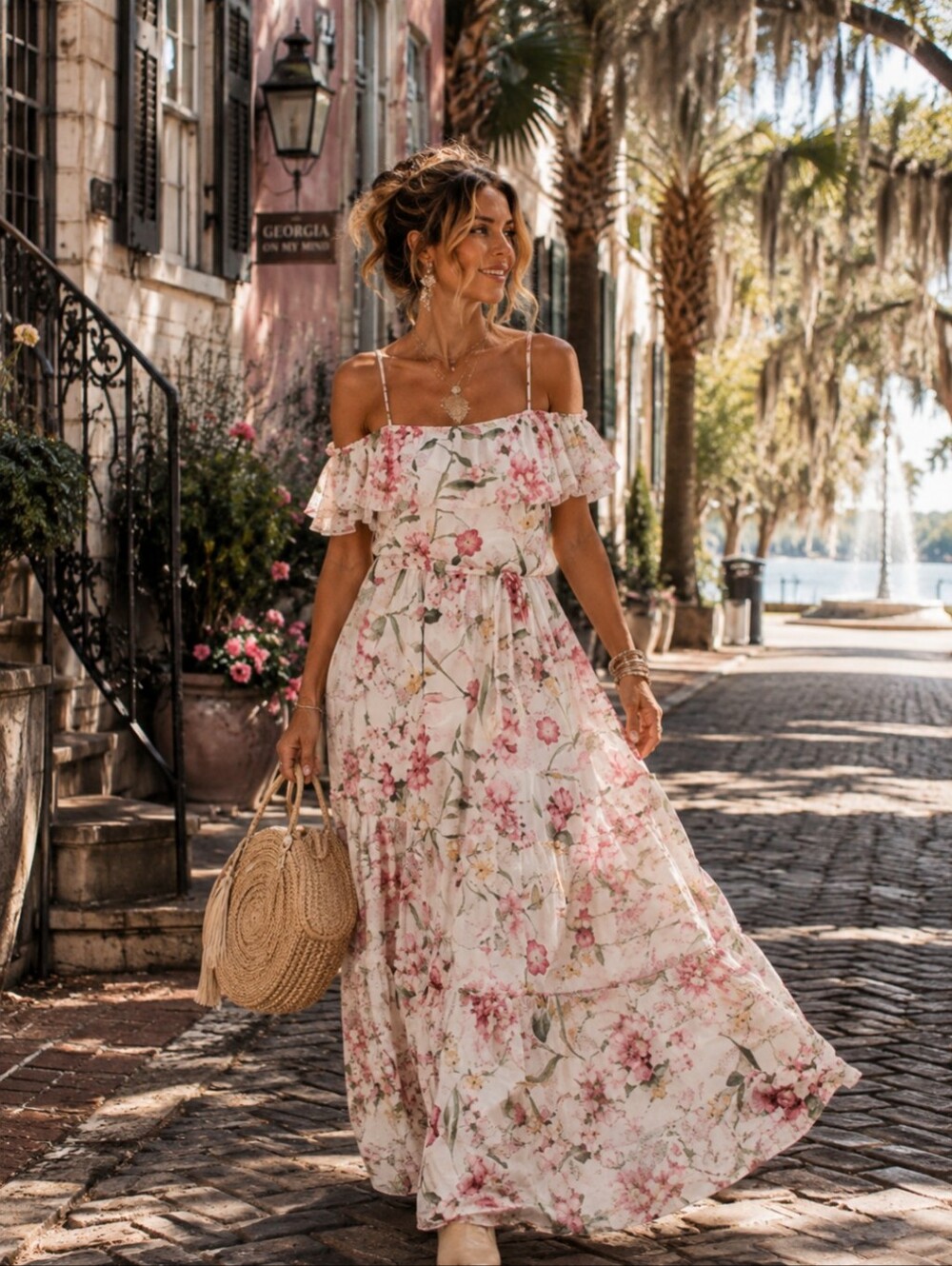 Reitmans Floral Off Shoulder Maxi Dress Pink White Ruffle Strappy Medium